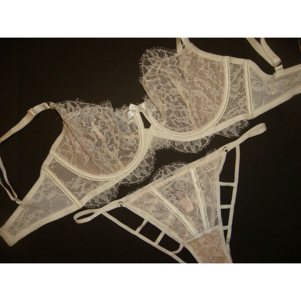 Victoria's Secret unlined 34B BRA SET S Panty White beige chantilly lace BRIDAL - Picture 2 of 4